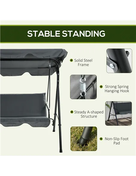 Outsunny 3 Seater Garden Swing Chair, Outdoor Swing Chair with Adjustable Canopy, Mental Frame & Cushions, Grey