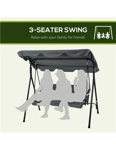 Outsunny 3 Seater Garden Swing Chair, Outdoor Swing Chair with Adjustable Canopy, Mental Frame & Cushions, Grey