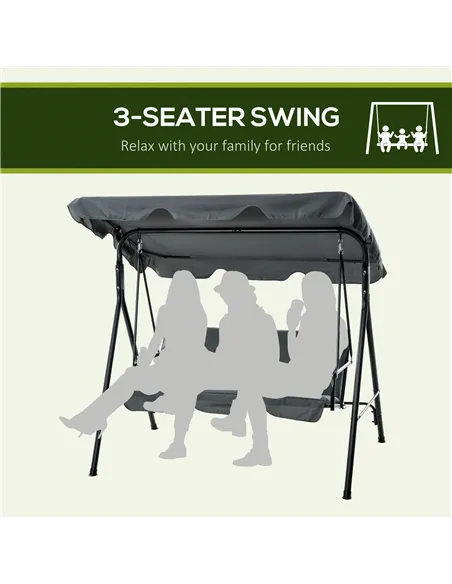 Outsunny 3 Seater Garden Swing Chair, Outdoor Swing Chair with Adjustable Canopy, Mental Frame & Cushions, Grey