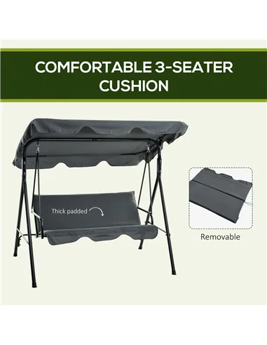 Outsunny 3 Seater Garden Swing Chair, Outdoor Swing Chair with Adjustable Canopy, Mental Frame & Cushions, Grey