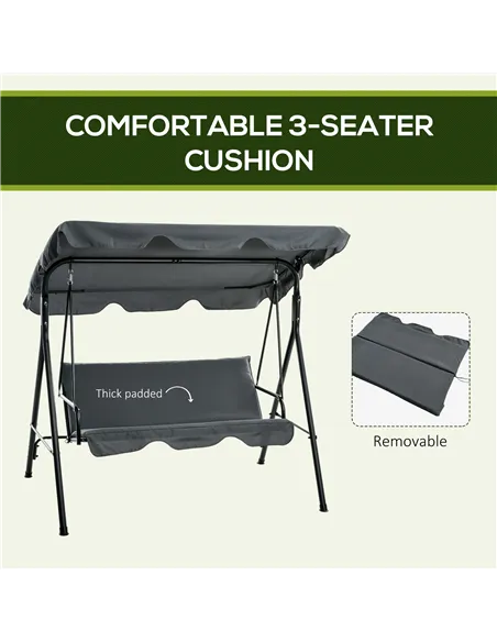Outsunny 3 Seater Garden Swing Chair, Outdoor Swing Chair with Adjustable Canopy, Mental Frame & Cushions, Grey