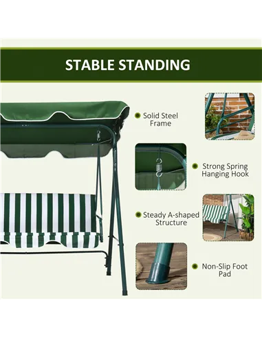 Outsunny 3-Seat Swing Chair Garden Swing Seat with Adjustable Canopy for Patio, Green