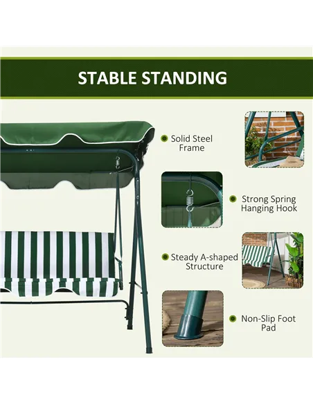 Outsunny 3-Seat Swing Chair Garden Swing Seat with Adjustable Canopy for Patio, Green