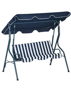 Outsunny 3 Seater Garden Swing Seat Chair Outdoor Bench with Adjustable Canopy and Metal Frame, Blue Stripes