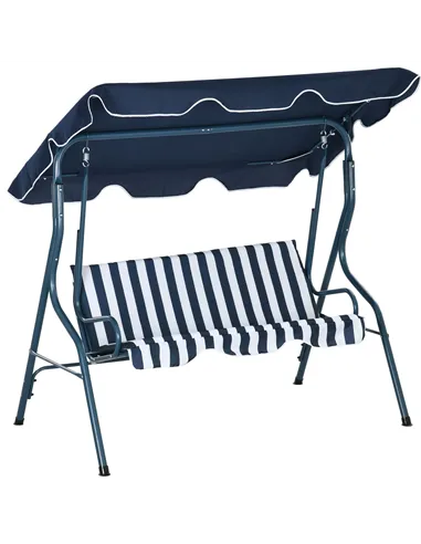 Outsunny 3 Seater Garden Swing Seat Chair Outdoor Bench with Adjustable Canopy and Metal Frame, Blue Stripes