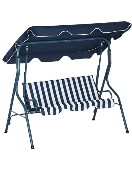 Outsunny 3 Seater Garden Swing Seat Chair Outdoor Bench with Adjustable Canopy and Metal Frame, Blue Stripes