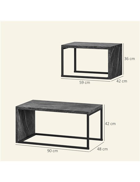 HOMCOM Coffee Tables Set of 2, Industrial Nest of Tables with Metal Frame for Living Room Bedroom, Dark Grey Marble Effect
