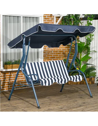 Outsunny 3 Seater Garden Swing Seat Chair Outdoor Bench with Adjustable Canopy and Metal Frame, Blue Stripes