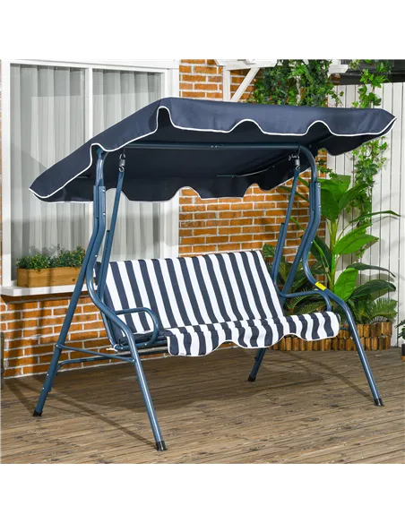 Outsunny 3 Seater Garden Swing Seat Chair Outdoor Bench with Adjustable Canopy and Metal Frame, Blue Stripes