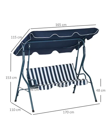 Outsunny 3 Seater Garden Swing Seat Chair Outdoor Bench with Adjustable Canopy and Metal Frame, Blue Stripes