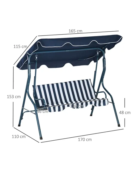 Outsunny 3 Seater Garden Swing Seat Chair Outdoor Bench with Adjustable Canopy and Metal Frame, Blue Stripes