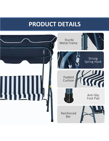 Outsunny 3 Seater Garden Swing Seat Chair Outdoor Bench with Adjustable Canopy and Metal Frame, Blue Stripes