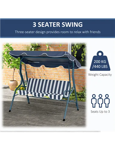 Outsunny 3 Seater Garden Swing Seat Chair Outdoor Bench with Adjustable Canopy and Metal Frame, Blue Stripes