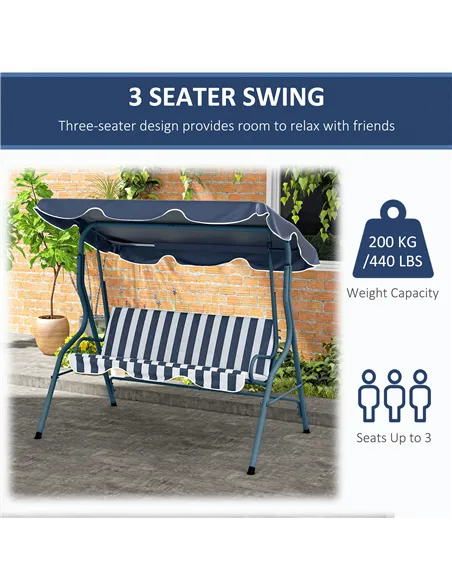 Outsunny 3 Seater Garden Swing Seat Chair Outdoor Bench with Adjustable Canopy and Metal Frame, Blue Stripes