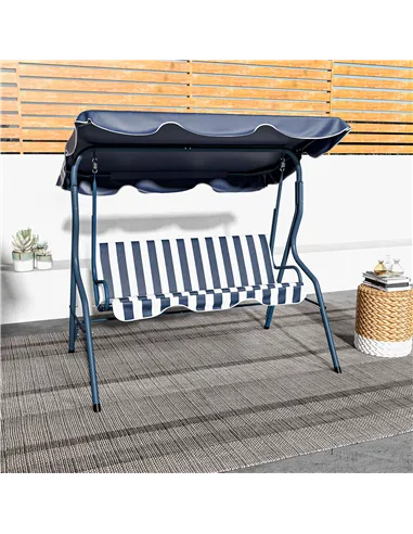 Outsunny 3 Seater Garden Swing Seat Chair Outdoor Bench with Adjustable Canopy and Metal Frame, Blue Stripes