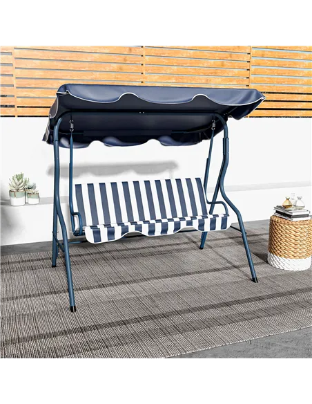 Outsunny 3 Seater Garden Swing Seat Chair Outdoor Bench with Adjustable Canopy and Metal Frame, Blue Stripes