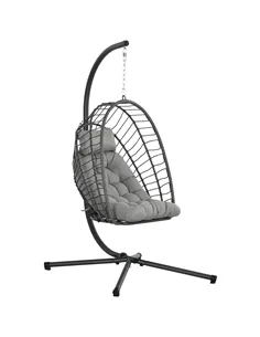 Outsunny Outdoor PE Rattan Swing Chair with Foldable Basket and Cushion, Garden Patio Hanging Egg Chair with Metal Stand, Headre