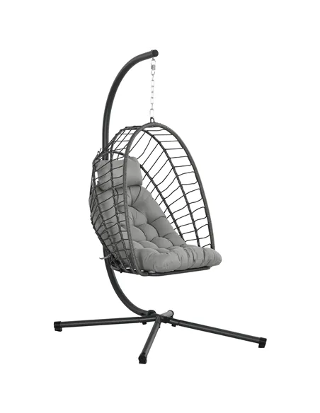 Outsunny Outdoor PE Rattan Swing Chair with Foldable Basket and Cushion, Garden Patio Hanging Egg Chair with Metal Stand, Headre