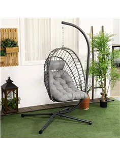 Outsunny Outdoor PE Rattan Swing Chair with Foldable Basket and Cushion, Garden Patio Hanging Egg Chair with Metal Stand, Headre 2