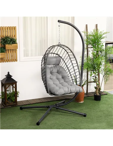Outsunny Outdoor PE Rattan Swing Chair with Foldable Basket and Cushion, Garden Patio Hanging Egg Chair with Metal Stand, Headre