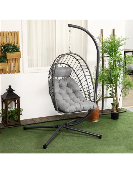 Outsunny Outdoor PE Rattan Swing Chair with Foldable Basket and Cushion, Garden Patio Hanging Egg Chair with Metal Stand, Headre