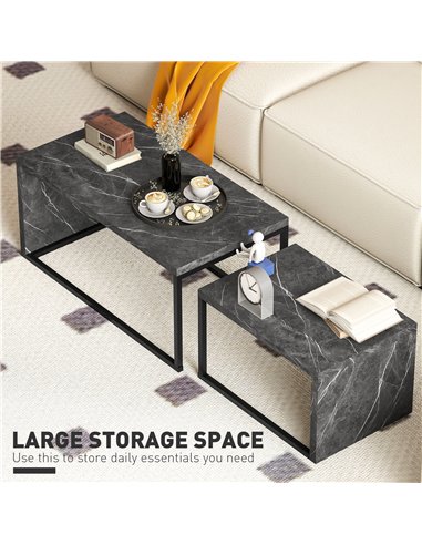 HOMCOM Coffee Tables Set of 2, Industrial Nest of Tables with Metal Frame for Living Room Bedroom, Dark Grey Marble Effect