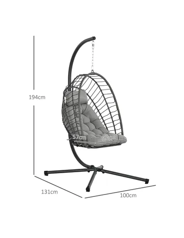 Outsunny Outdoor PE Rattan Swing Chair with Foldable Basket and Cushion, Garden Patio Hanging Egg Chair with Metal Stand, Headre