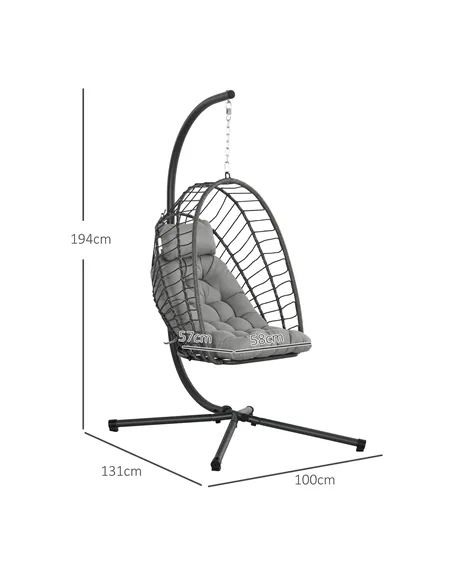 Outsunny Outdoor PE Rattan Swing Chair with Foldable Basket and Cushion, Garden Patio Hanging Egg Chair with Metal Stand, Headre