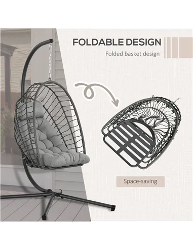Outsunny Outdoor PE Rattan Swing Chair with Foldable Basket and Cushion, Garden Patio Hanging Egg Chair with Metal Stand, Headre