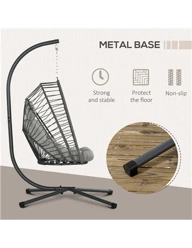 Outsunny Outdoor PE Rattan Swing Chair with Foldable Basket and Cushion, Garden Patio Hanging Egg Chair with Metal Stand, Headre