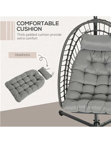 Outsunny Outdoor PE Rattan Swing Chair with Foldable Basket and Cushion, Garden Patio Hanging Egg Chair with Metal Stand, Headre