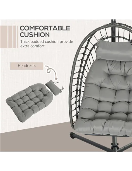 Outsunny Outdoor PE Rattan Swing Chair with Foldable Basket and Cushion, Garden Patio Hanging Egg Chair with Metal Stand, Headre