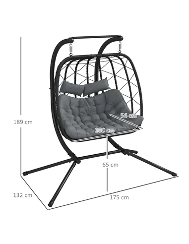 Outsunny Two-Seater Steel Frame Hanging Egg Chair - Black