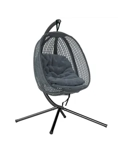 Outsunny Outdoor Swing Chair with Thick Padded Cushion, Patio Hanging Chair with Metal Stand, Egg Chair with Foldable Basket, Cu