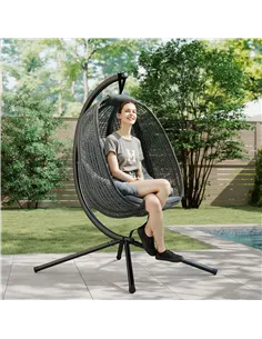 Outsunny Outdoor Swing Chair with Thick Padded Cushion, Patio Hanging Chair with Metal Stand, Egg Chair with Foldable Basket, Cu 2
