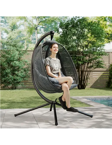 Outsunny Outdoor Swing Chair with Thick Padded Cushion, Patio Hanging Chair with Metal Stand, Egg Chair with Foldable Basket, Cu
