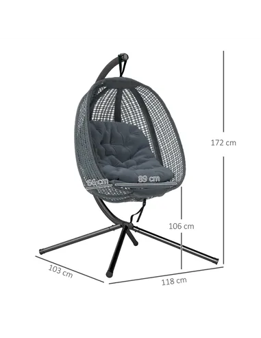 Outsunny Outdoor Swing Chair with Thick Padded Cushion, Patio Hanging Chair with Metal Stand, Egg Chair with Foldable Basket, Cu