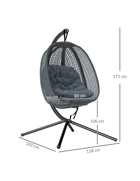 Outsunny Outdoor Swing Chair with Thick Padded Cushion, Patio Hanging Chair with Metal Stand, Egg Chair with Foldable Basket, Cu