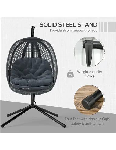 Outsunny Outdoor Swing Chair with Thick Padded Cushion, Patio Hanging Chair with Metal Stand, Egg Chair with Foldable Basket, Cu