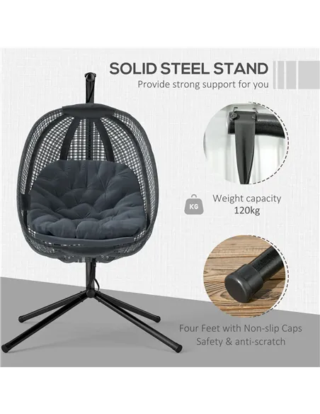 Outsunny Outdoor Swing Chair with Thick Padded Cushion, Patio Hanging Chair with Metal Stand, Egg Chair with Foldable Basket, Cu
