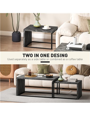 HOMCOM Coffee Tables Set of 2, Industrial Nest of Tables with Metal Frame for Living Room Bedroom, Dark Grey Marble Effect