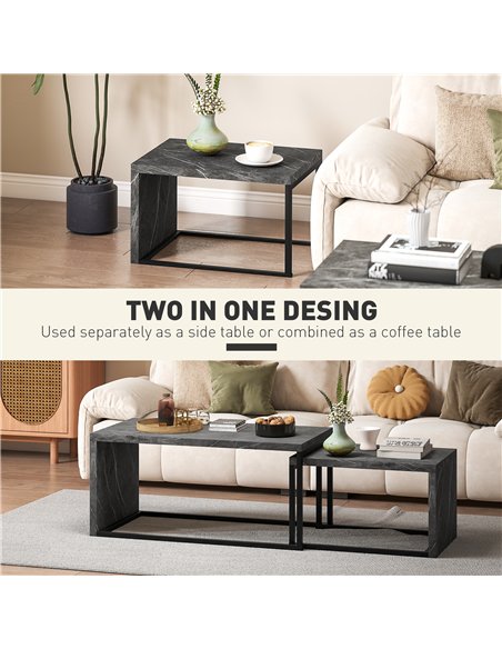 HOMCOM Coffee Tables Set of 2, Industrial Nest of Tables with Metal Frame for Living Room Bedroom, Dark Grey Marble Effect