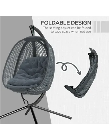 Outsunny Outdoor Swing Chair with Thick Padded Cushion, Patio Hanging Chair with Metal Stand, Egg Chair with Foldable Basket, Cu
