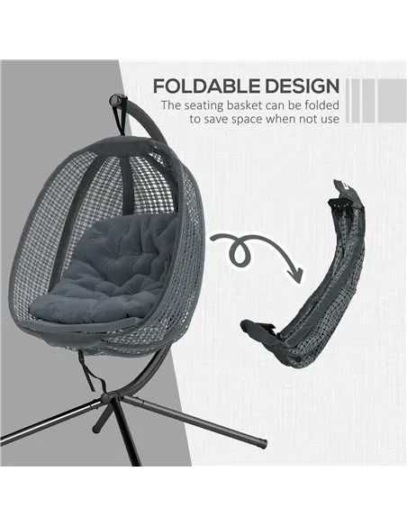 Outsunny Outdoor Swing Chair with Thick Padded Cushion, Patio Hanging Chair with Metal Stand, Egg Chair with Foldable Basket, Cu