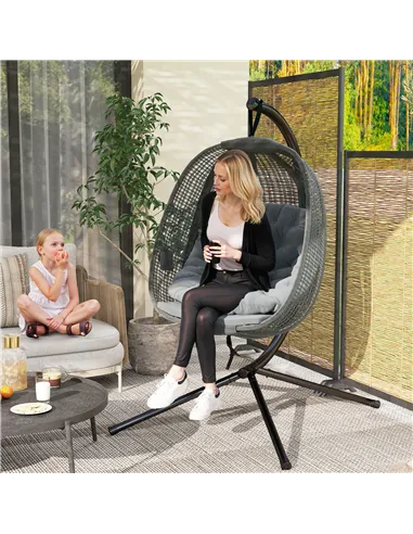 Outsunny Outdoor Swing Chair with Thick Padded Cushion, Patio Hanging Chair with Metal Stand, Egg Chair with Foldable Basket, Cu