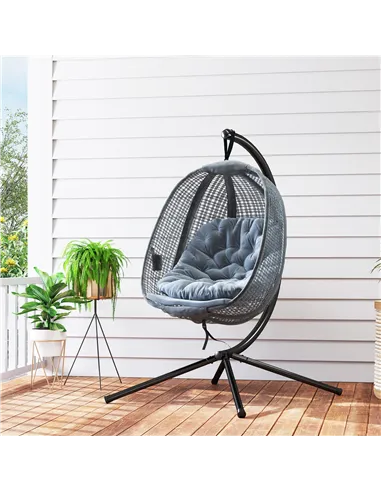 Outsunny Outdoor Swing Chair with Thick Padded Cushion, Patio Hanging Chair with Metal Stand, Egg Chair with Foldable Basket, Cu