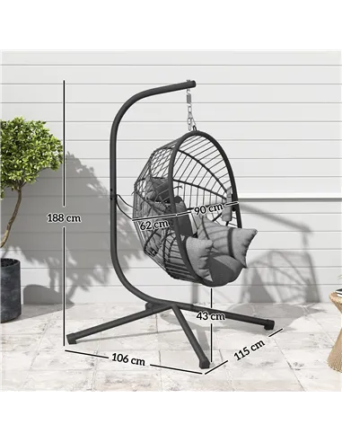 Outsunny Metal Stand Hanging Egg Chair, with Full Body Padded Seat - Grey