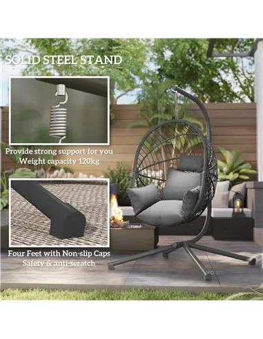 Outsunny Metal Stand Hanging Egg Chair, with Full Body Padded Seat - Grey