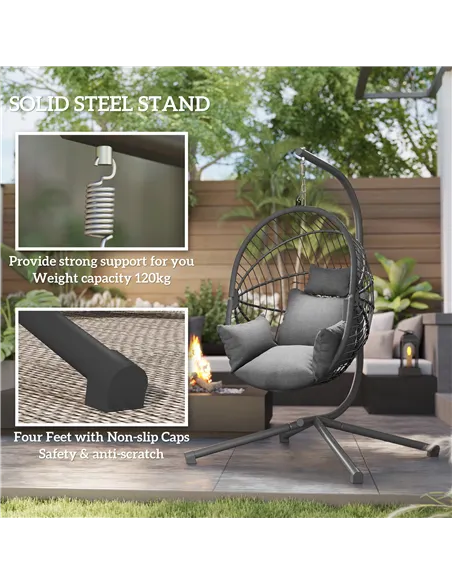 Outsunny Metal Stand Hanging Egg Chair, with Full Body Padded Seat - Grey