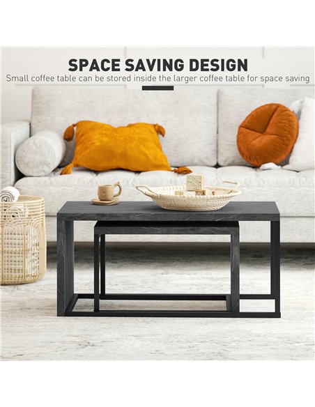 HOMCOM Coffee Tables Set of 2, Industrial Nest of Tables with Metal Frame for Living Room Bedroom, Dark Grey Marble Effect